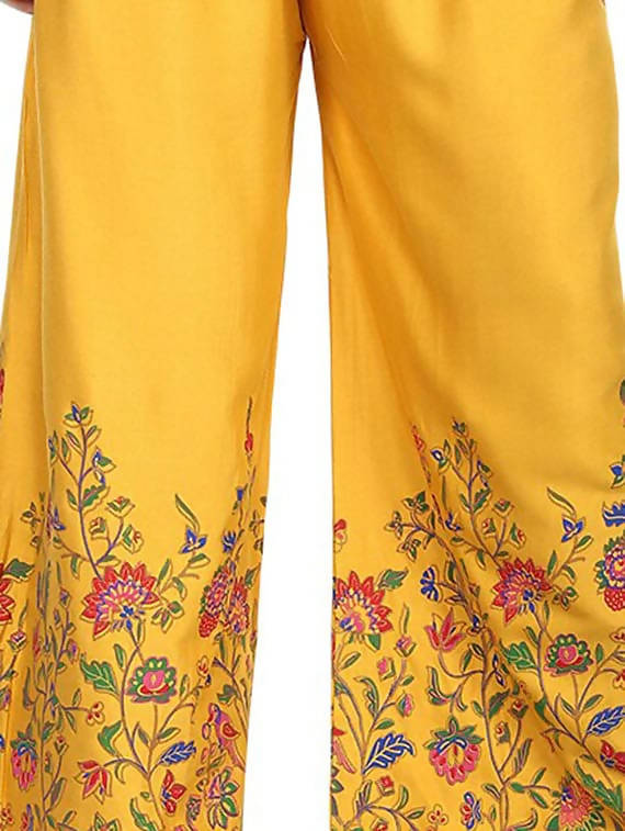 Mustard Floral Design Palazzo Pants - Wide Leg Flowy Trousers