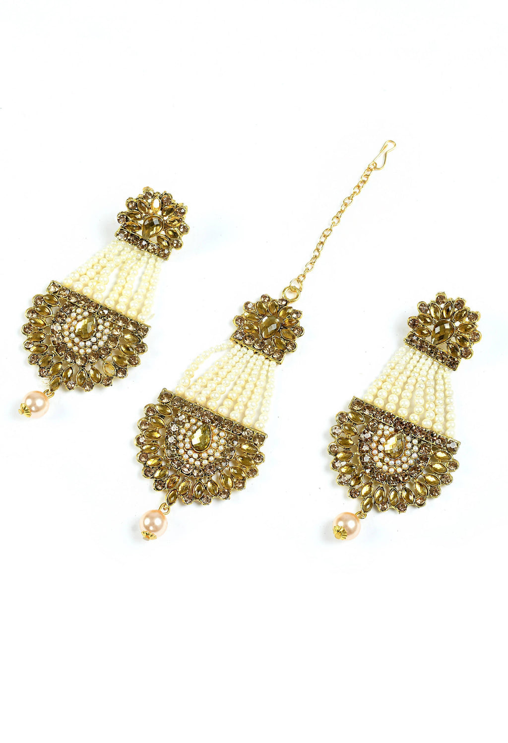 Golden jhumka earrings with kundan and pearl detailing and matching tikka