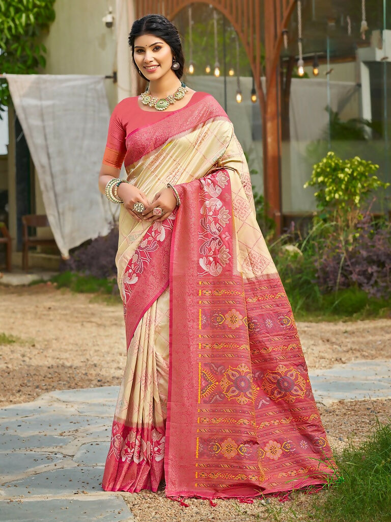 Cream Soft Silk Saree with Contrasting Pink Blouse