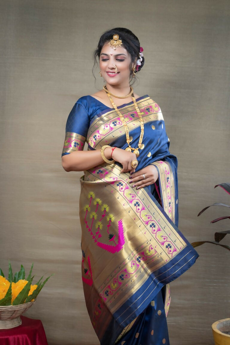 Blue Paithani Silk Zari Woven Saree with Matching Blouse Piece