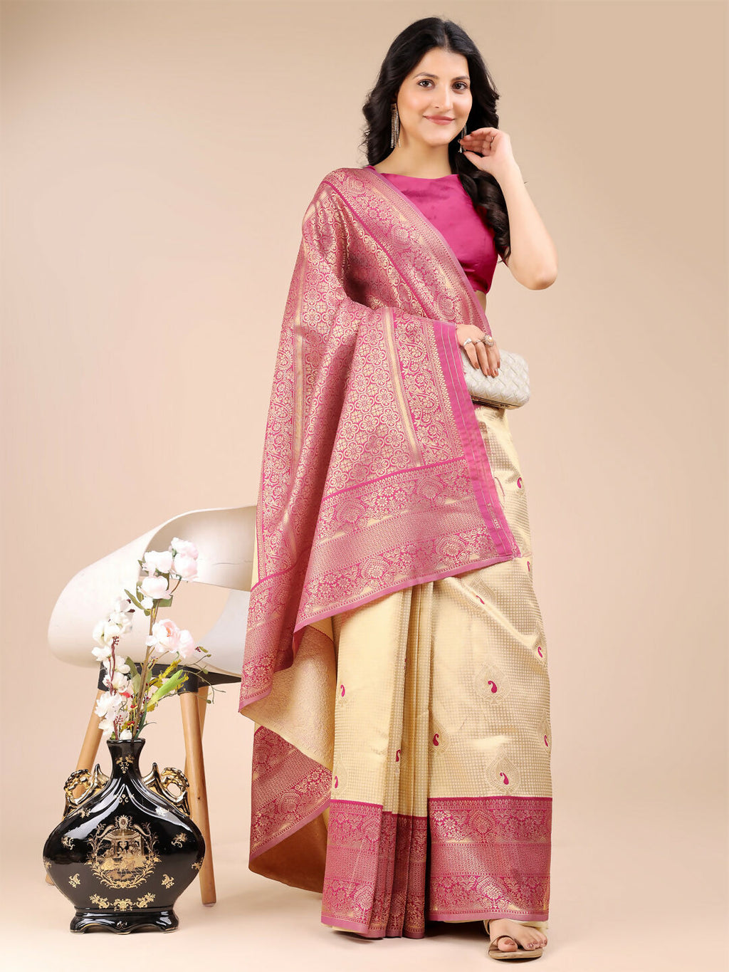 Cream and Magenta Banarasi Silk Saree with Matching Blouse