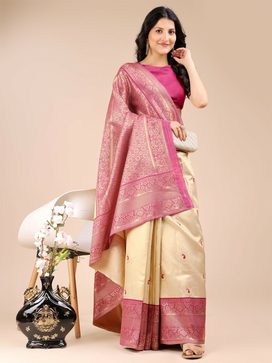 Cream and Magenta Banarasi Silk Saree with Matching Blouse
