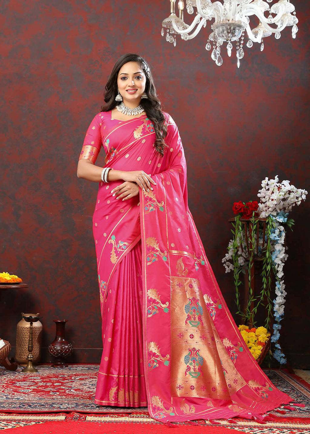 Pink Soft Paithani Silk Saree with Copper Zari Meenakari Weaving