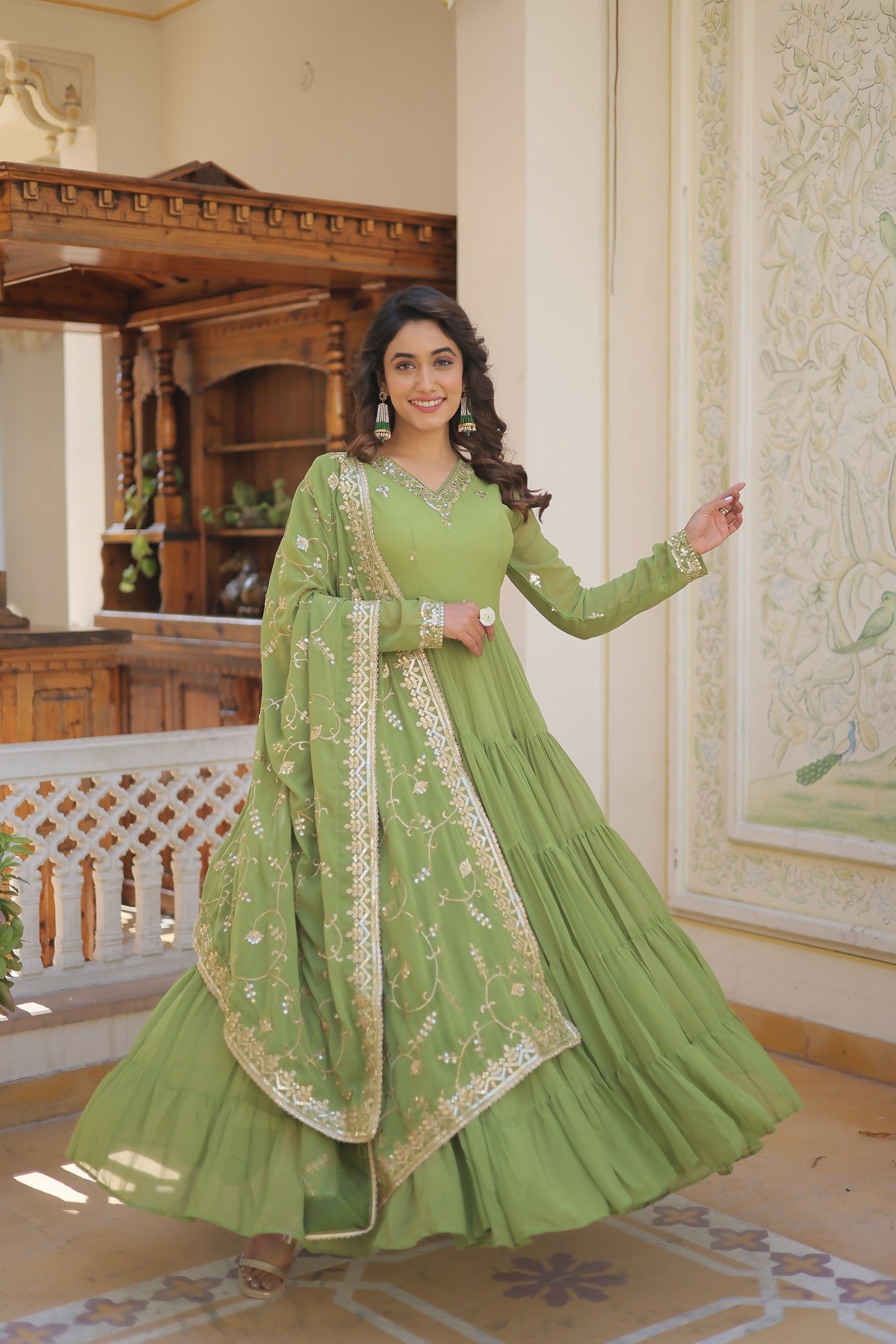 Joban Fashion Green Georgette Sequence Embroidery Work Kurta Set