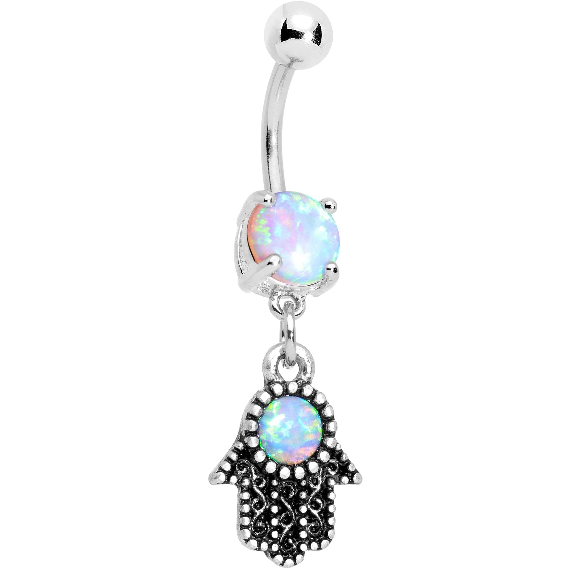 Silver tone curved barbell navel ring featuring a hamsa hand charm with synthetic opal stones.