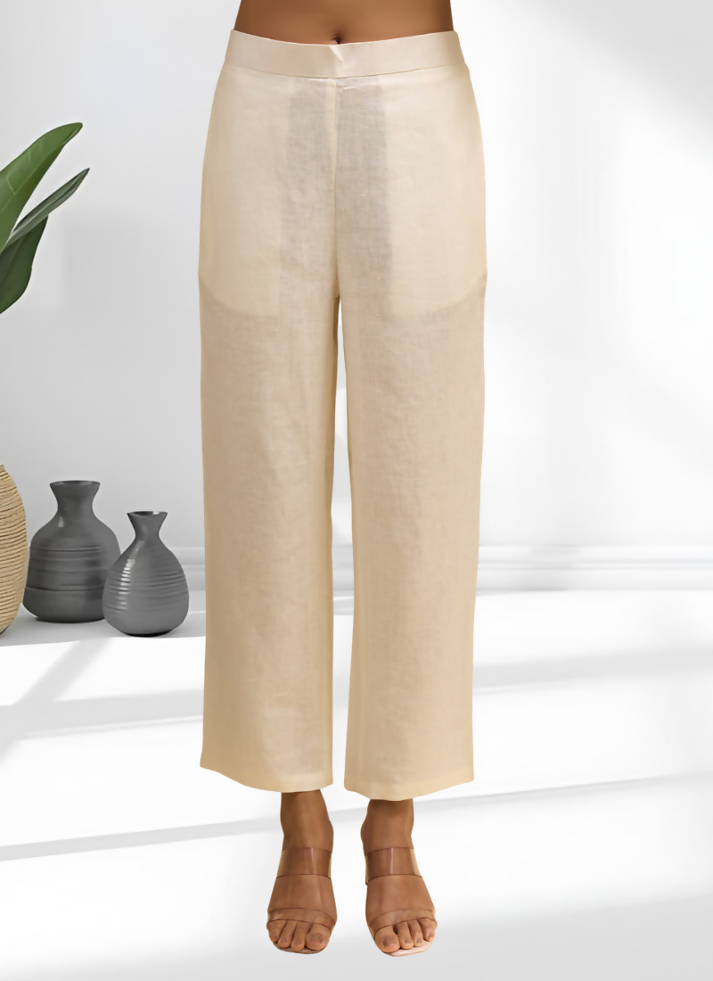 Cream Linen Embroidered Long Kurta Set with Matching Pant