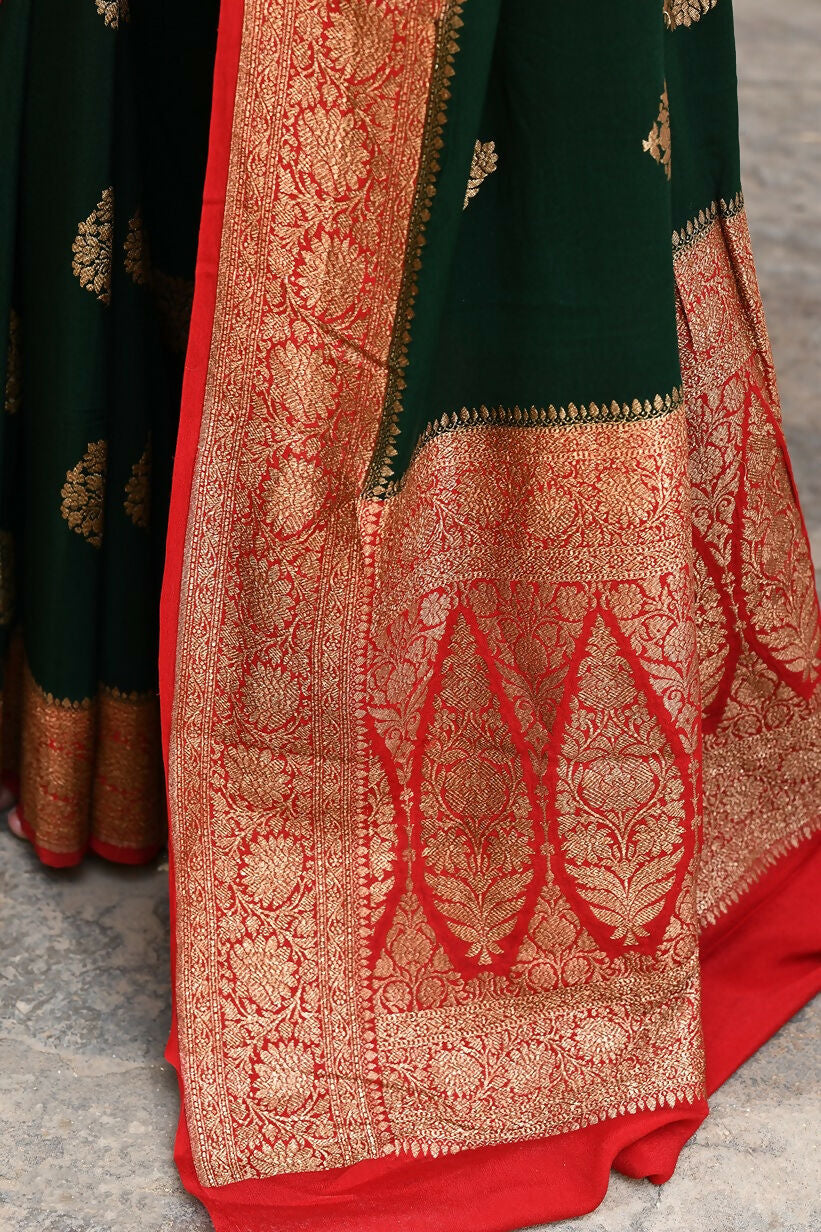 Emerald Green Crepe Chiffon Handloom Banarasi Silk Saree