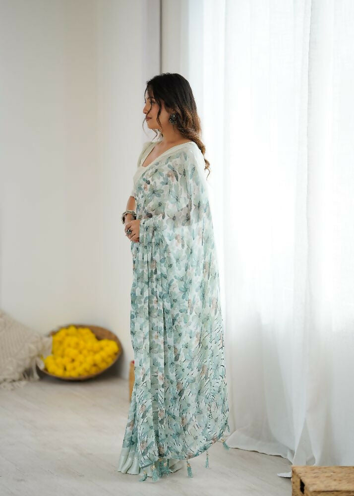 See_Green Bright Moss Satin Patta Printed Saree with Blouse