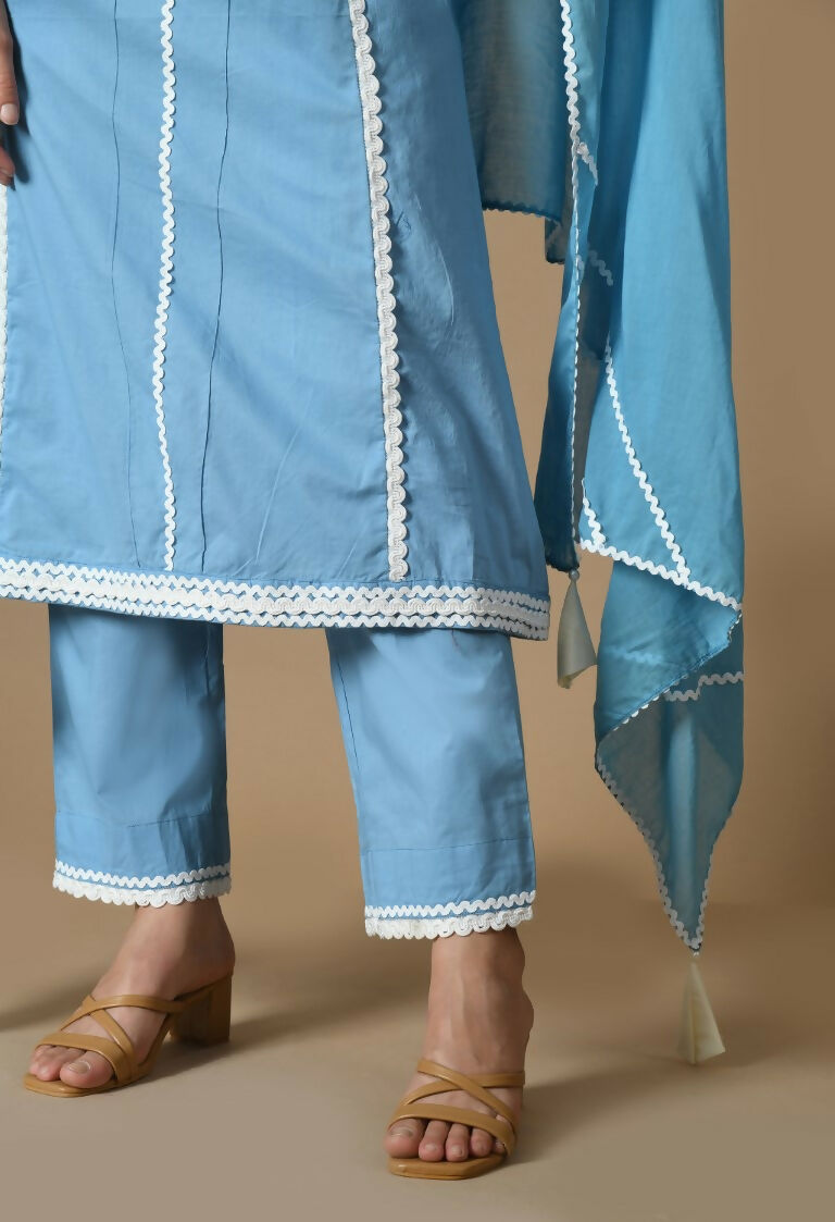 L.Blue Cotton Kurta Set with Organza Dupatta