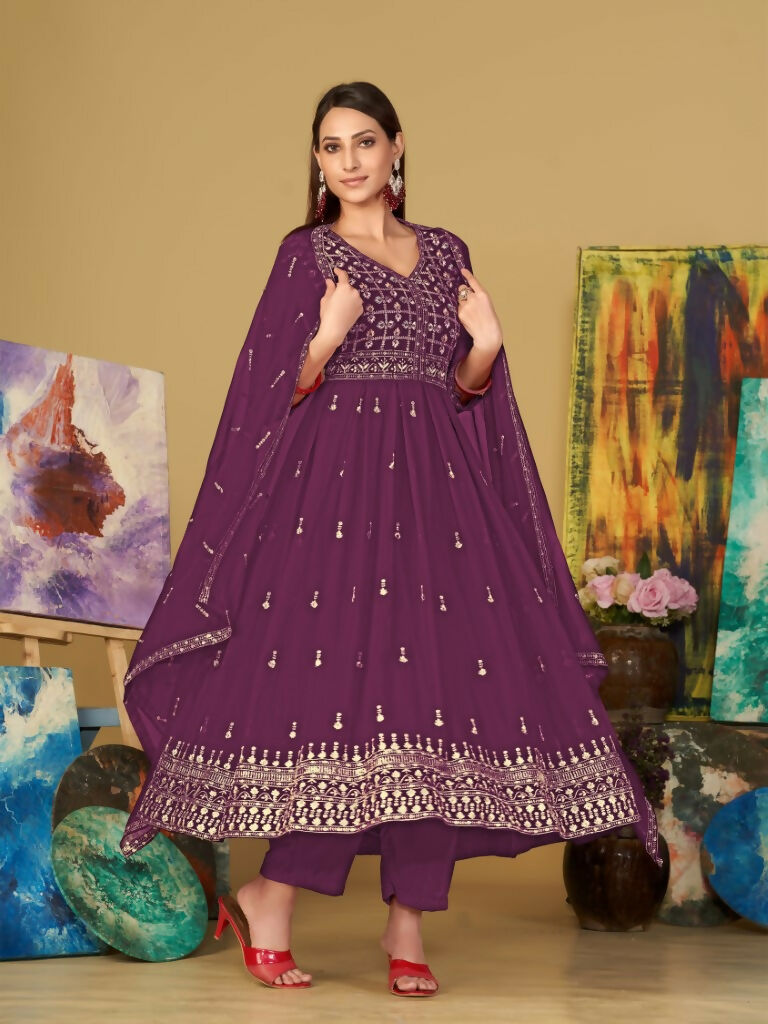 Purple Georgette Embroidered Anarkali Kurta Pant Set