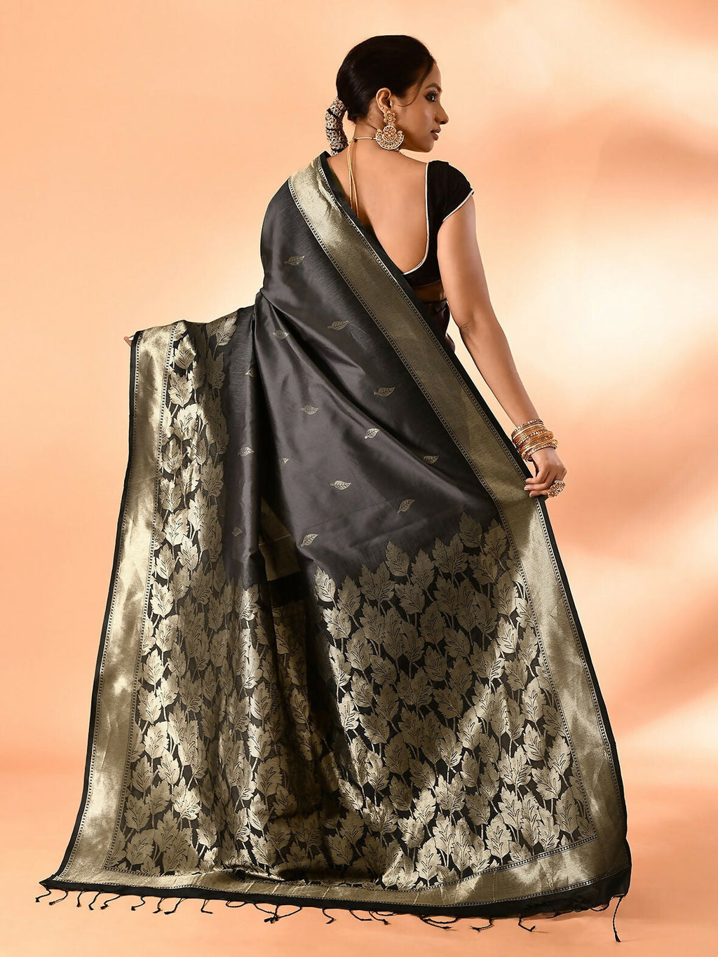 Grey & Black Plain Banarasi Silk Saree with Weaving Border
