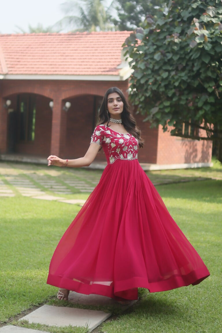Rani Pink Sequins Embroidered Faux Blooming Anarkali Dress