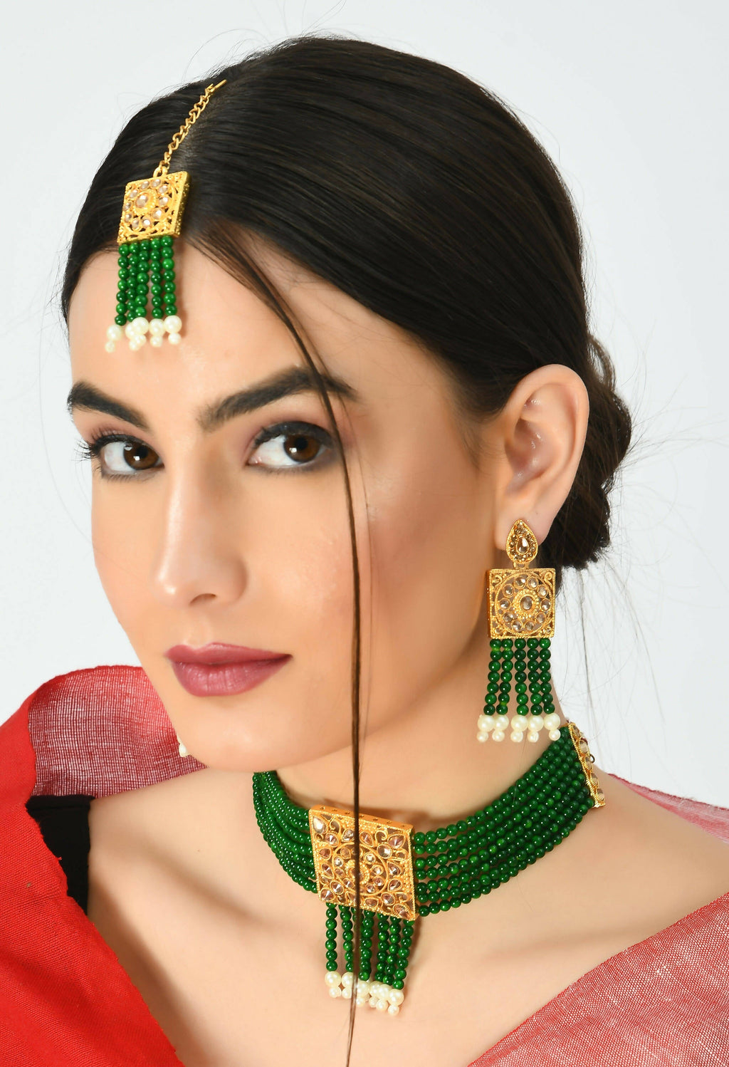 Gold-Polished Kundan & Pearl Choker Necklace Set in Green