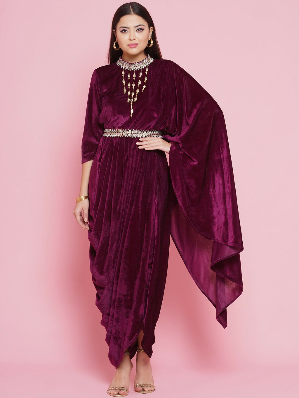 Wine colored velvet drape kurta with matching trousers