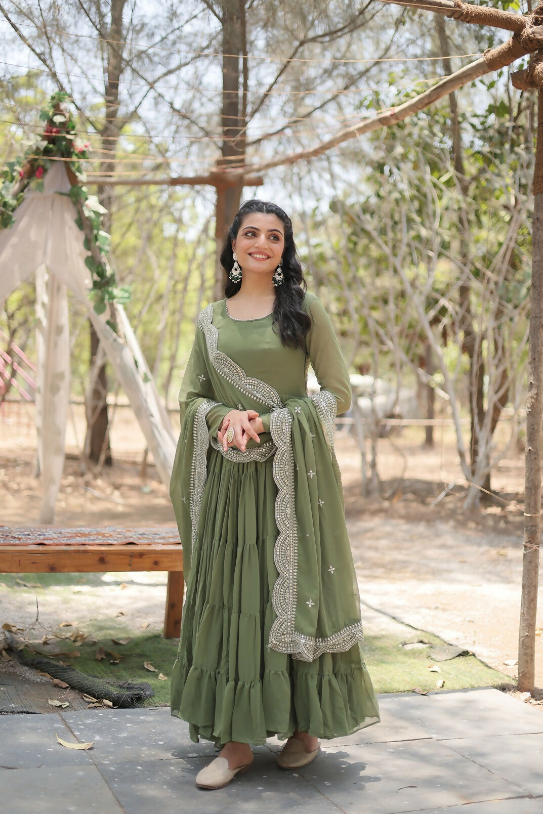 Mehandi green georgette kurta set with silver sequence embroidery work