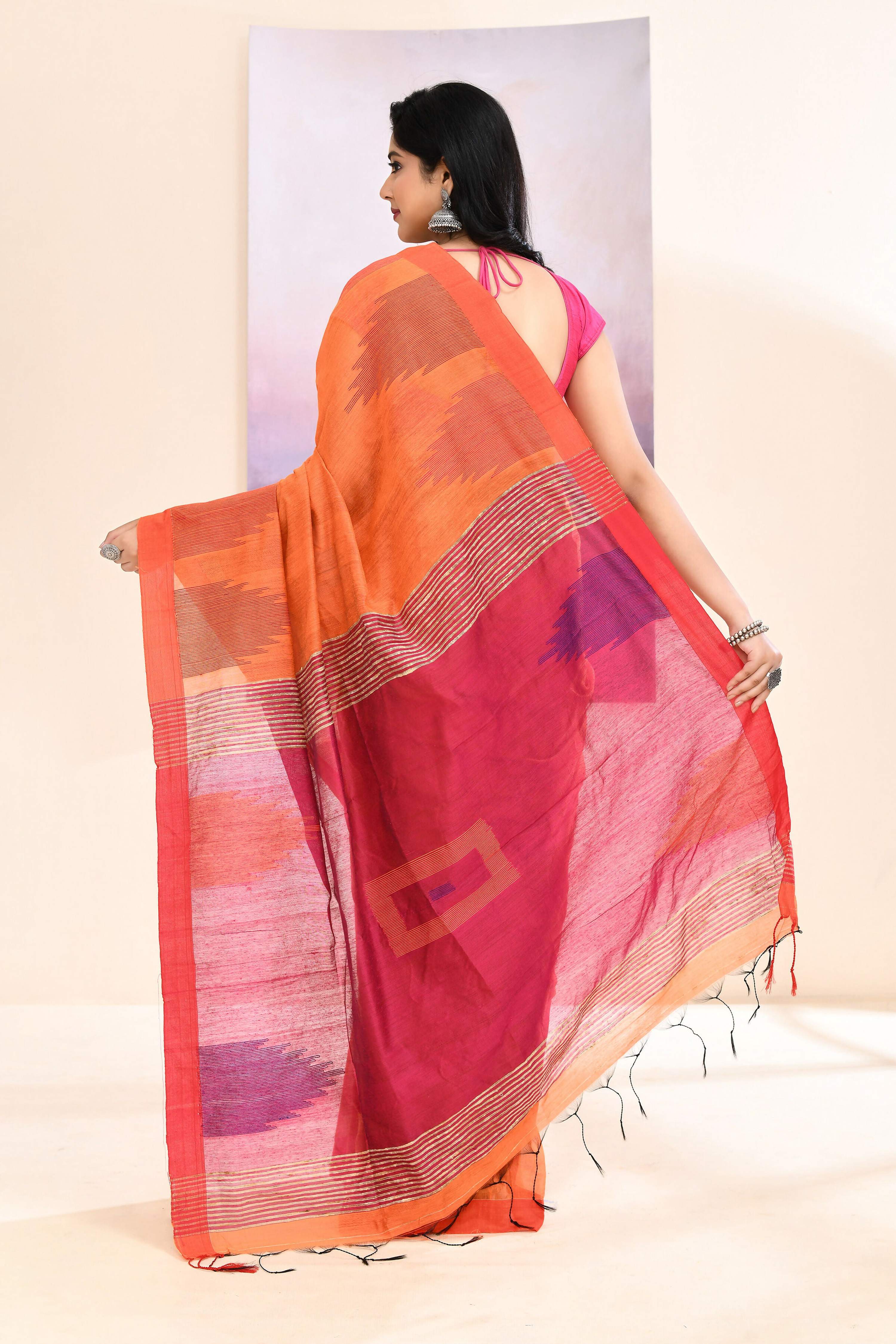 Orange Temple Border Embellished Cotton Blend Jamdani Saree