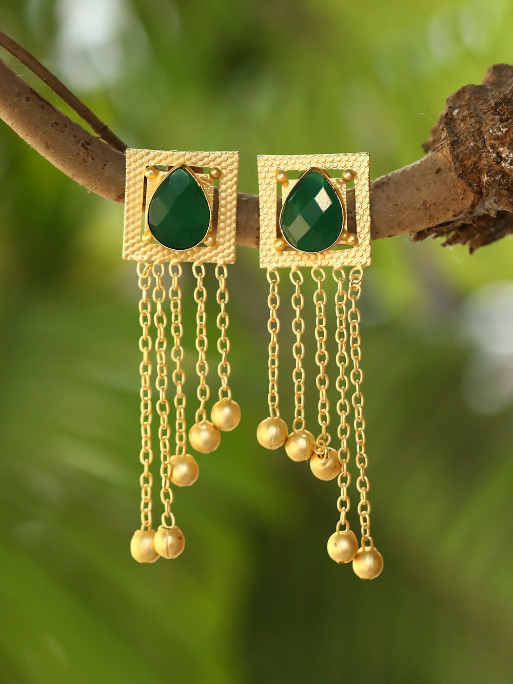 Green Stone Golden Beads Matte Gold Brass Earrings