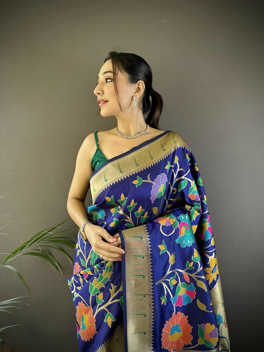 Blue Zari Woven Floral Motifs Soft Silk Paithani Saree