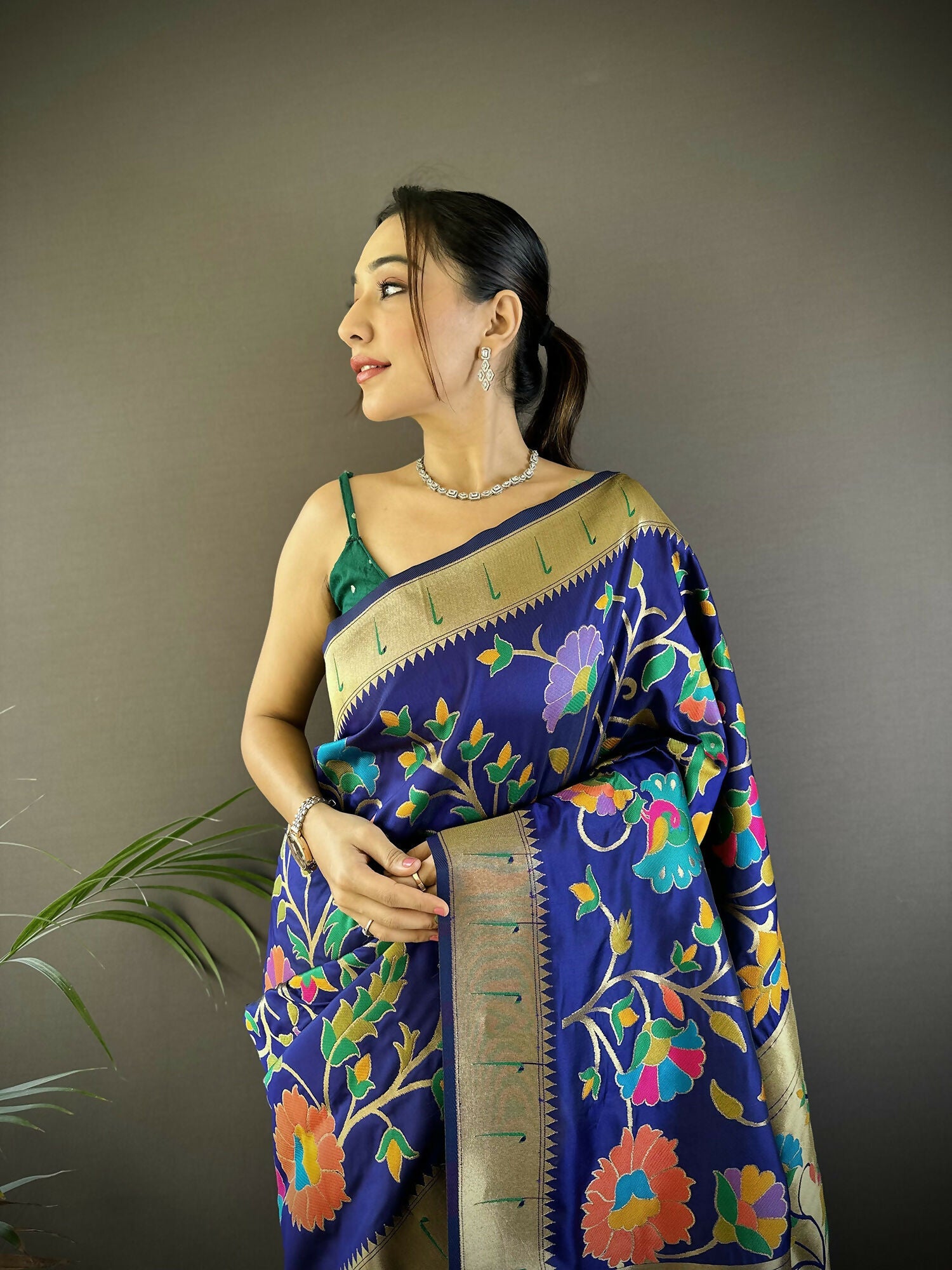 Blue Zari Woven Floral Motifs Soft Silk Paithani Saree