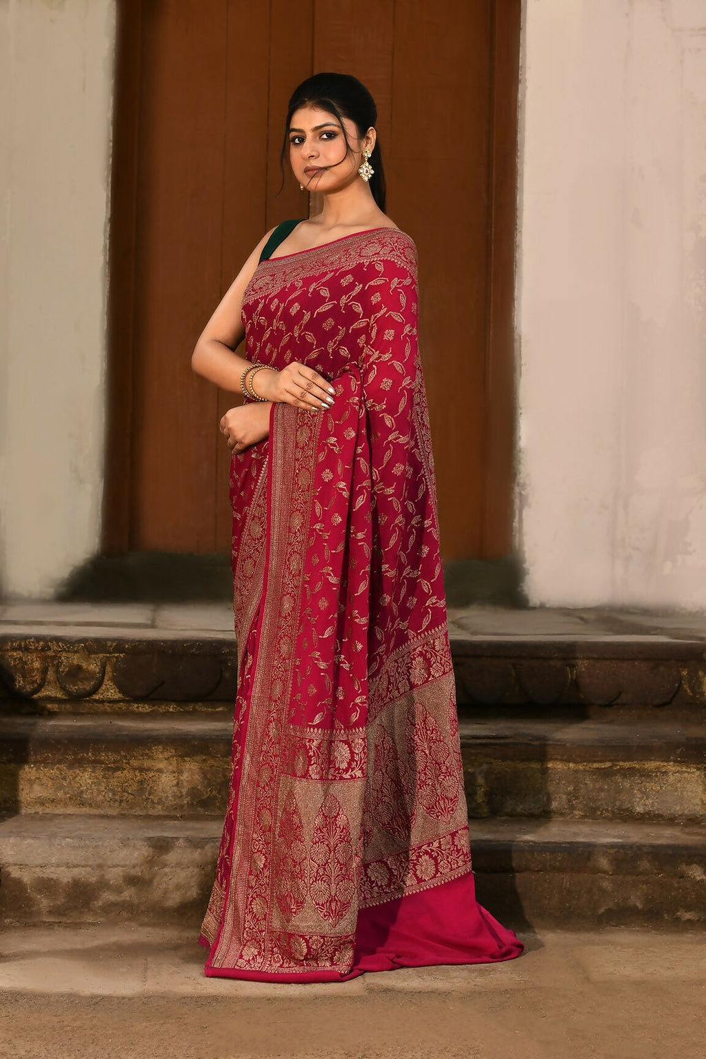 Hot Pink Crepe Chiffon Banarasi Handloom Silk Saree