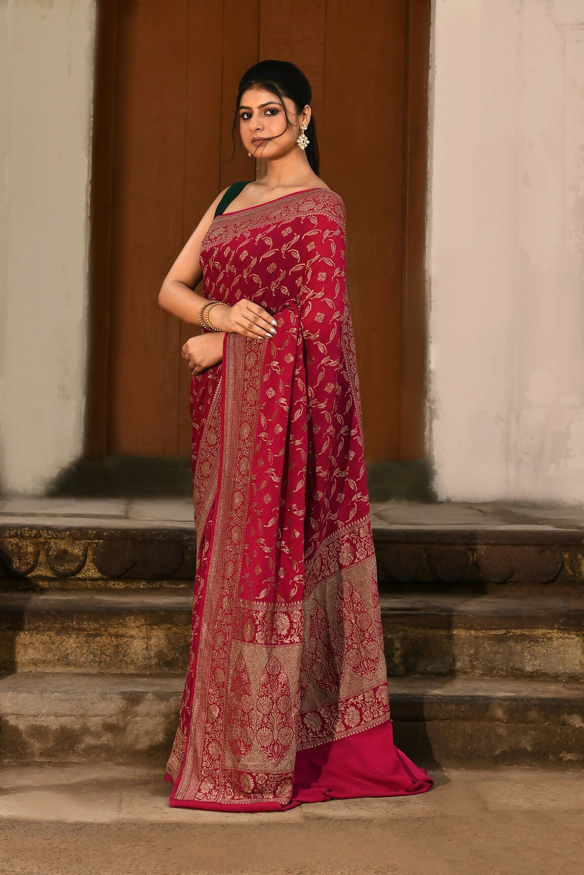 Hot Pink Crepe Chiffon Banarasi Handloom Silk Saree