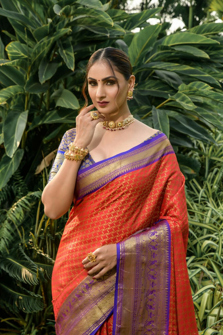 Orange Kanjivaram Silk Zari Woven Saree with Blue Blouse