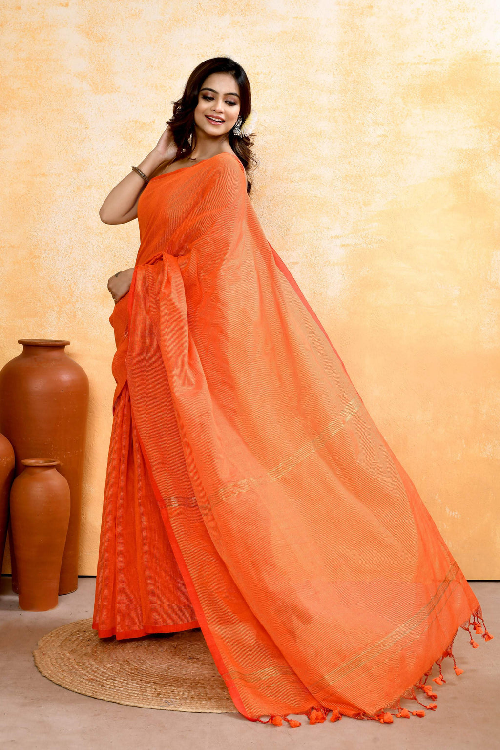 Orange Embellished Cotton Blend Zari Check Handloom Saree