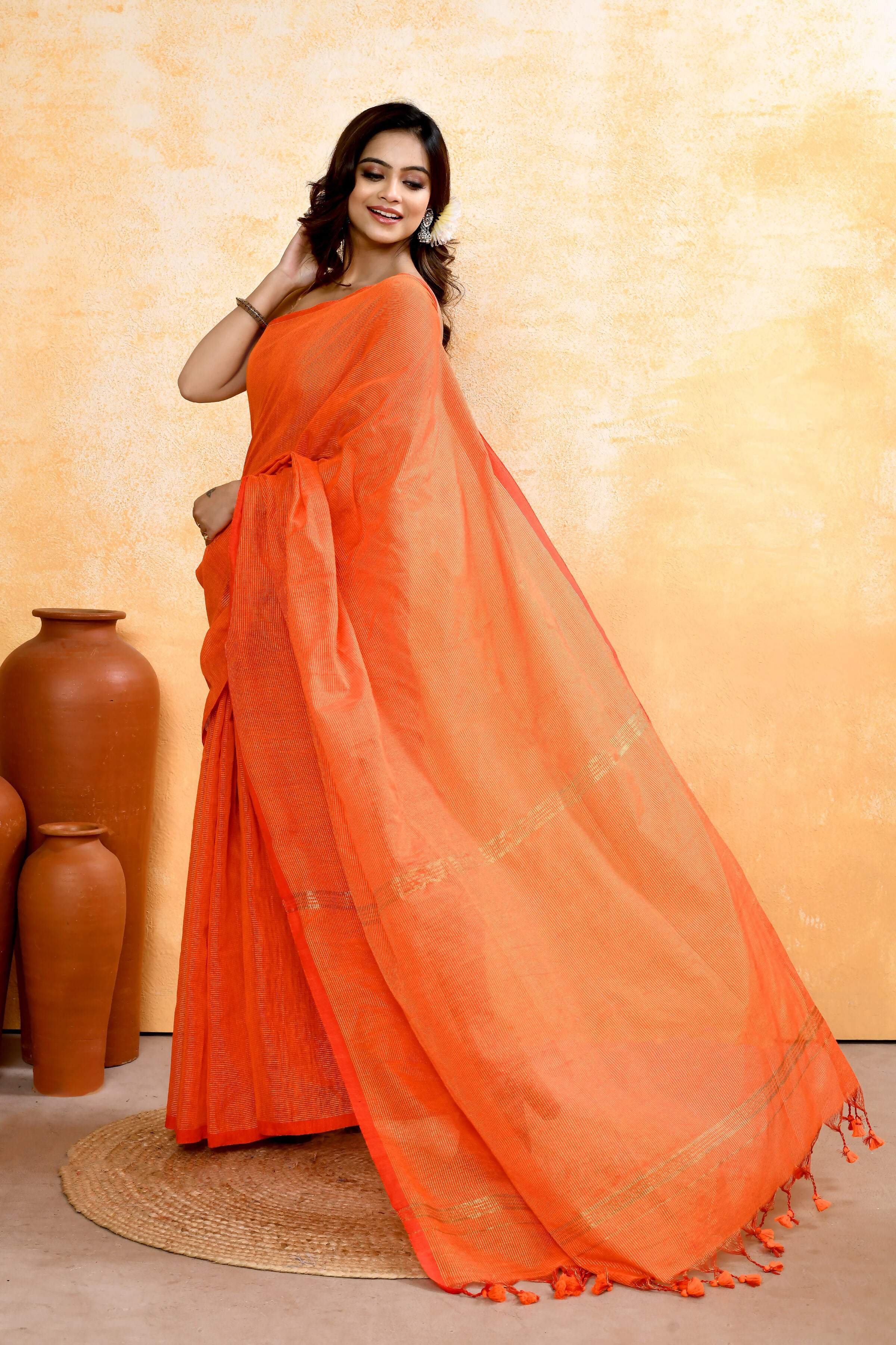 Orange Embellished Cotton Blend Zari Check Handloom Saree