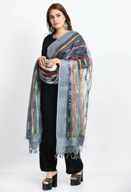 Grey Organza Dupatta with Multi-Thread and Mirror Work