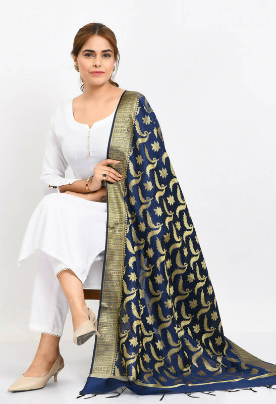 Navy Blue Banarasi Silk Dupatta with Floral Woven Design