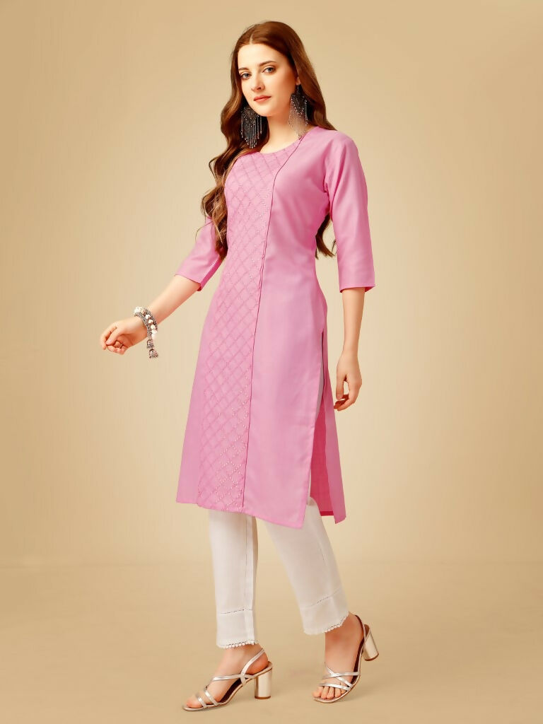 Women's Pink Embroidered Cotton Blend Kurta Pant Set with Sequins