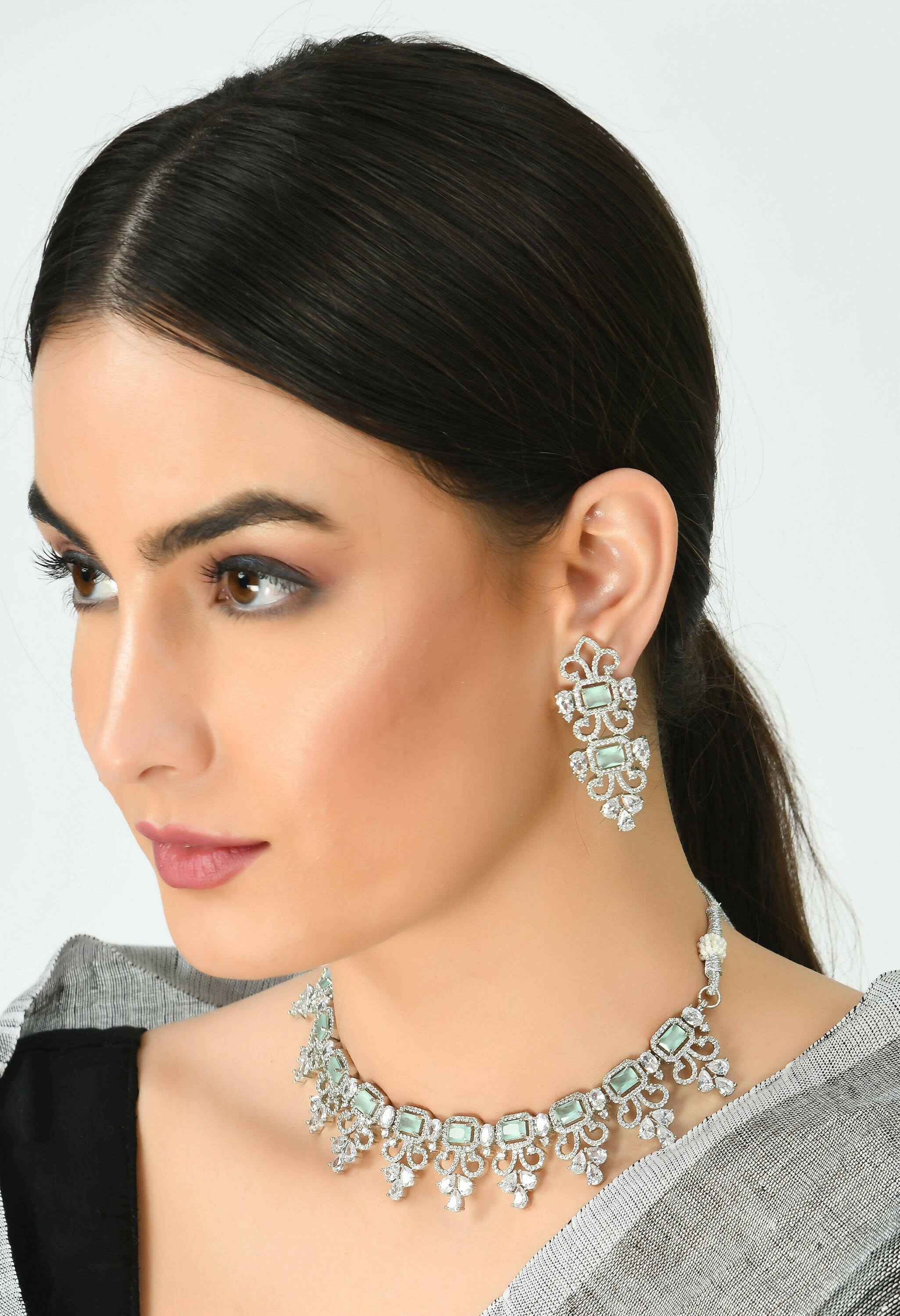 Silver-Plated American Diamond Pista Green Choker Necklace Set