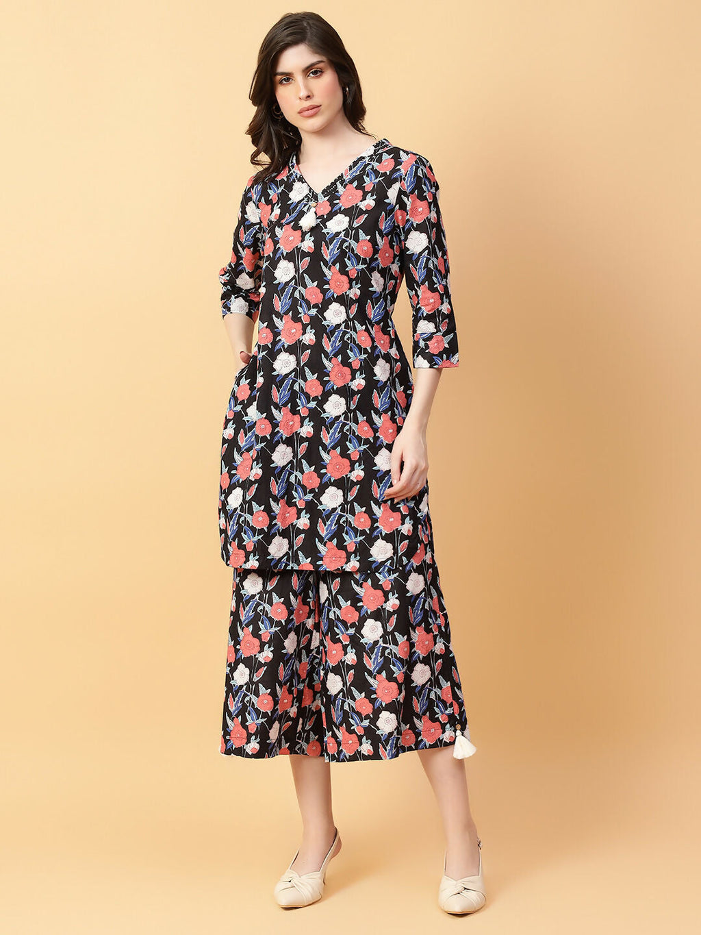 Black Cotton Printed Co-ord Set with Hand-Worked Detailing