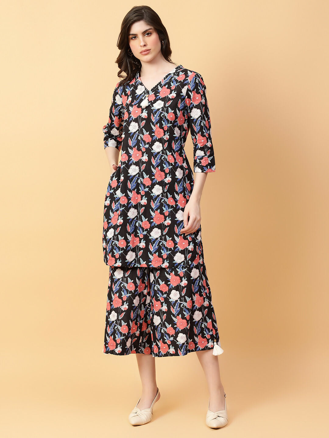 Black Cotton Printed Co-ord Set with Hand-Worked Detailing