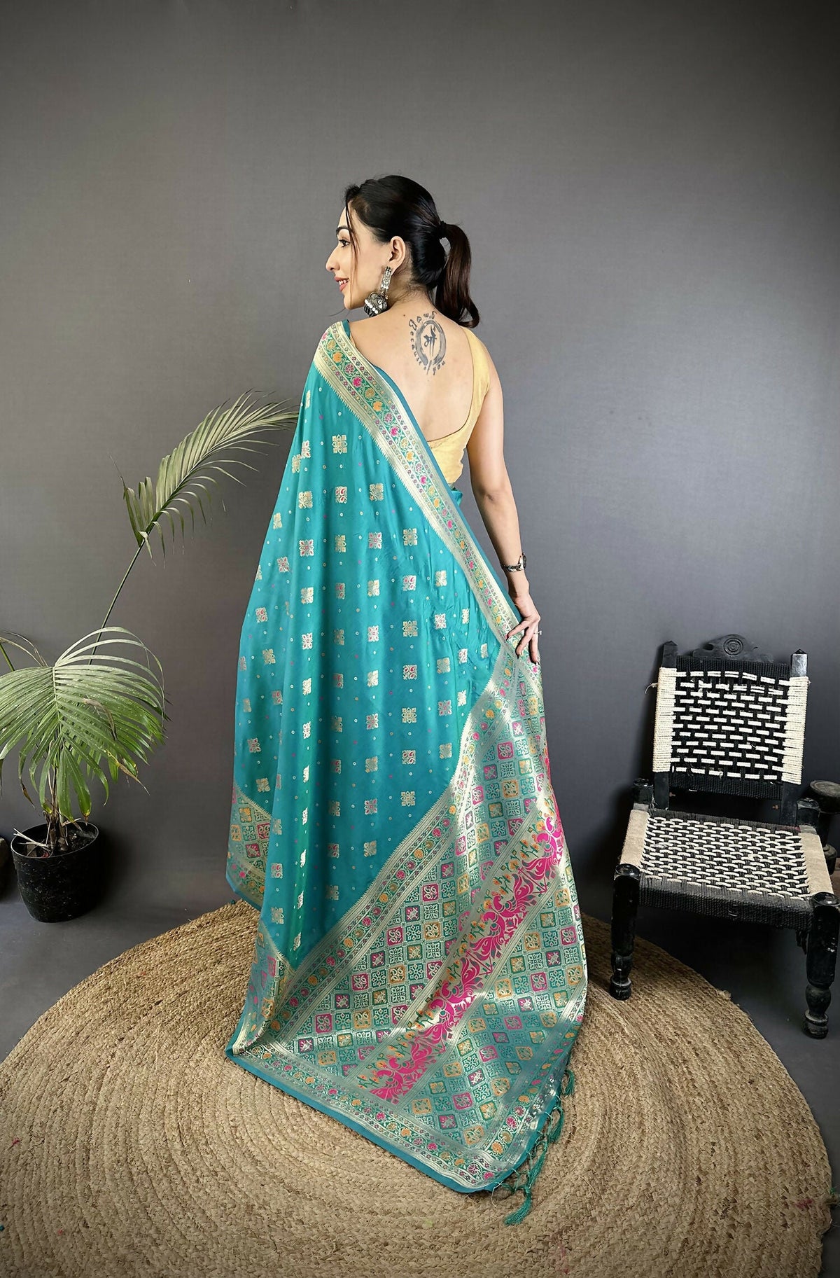 Turquoise Blue Geometric Pattern Soft Silk Patola Saree