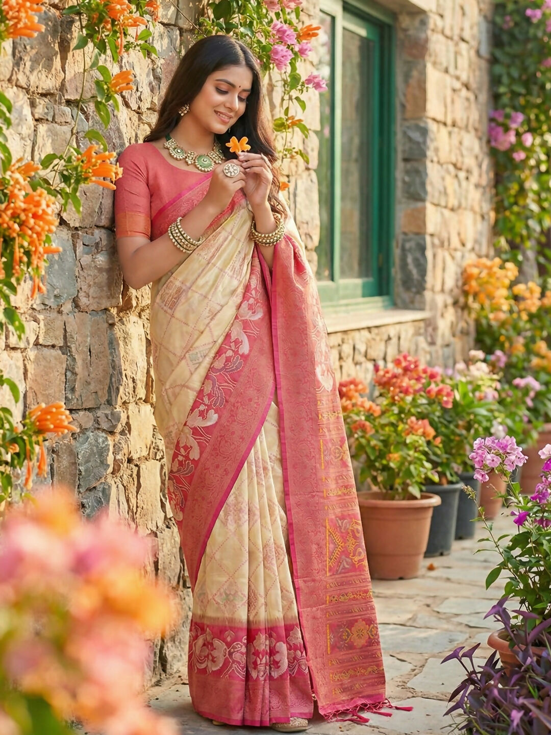 Cream Pochampally Silk Saree with Matching Blouse