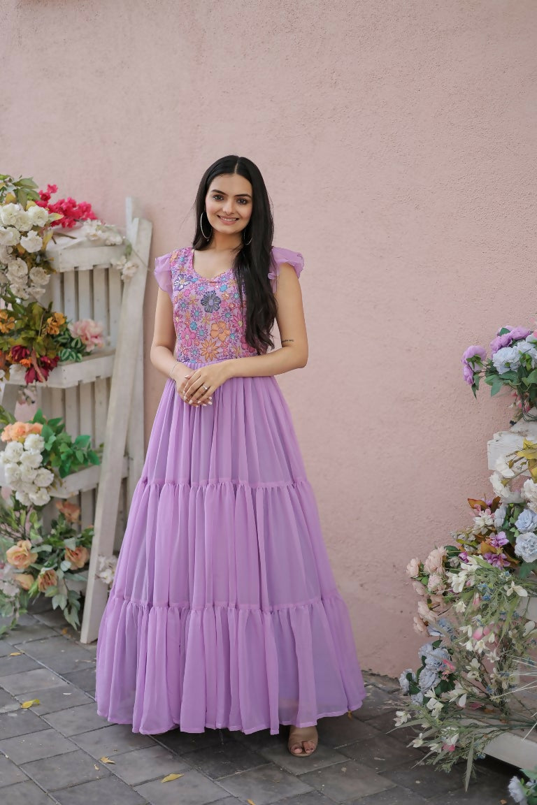 Women's purple floral printed faux georgette Anarkali dress with sequin embroidery