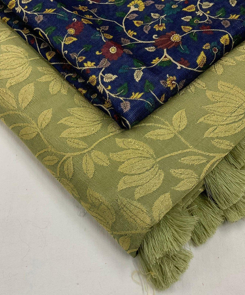 Olive Jute Silk Woven Jacquard Saree with Kalamkari Blouse