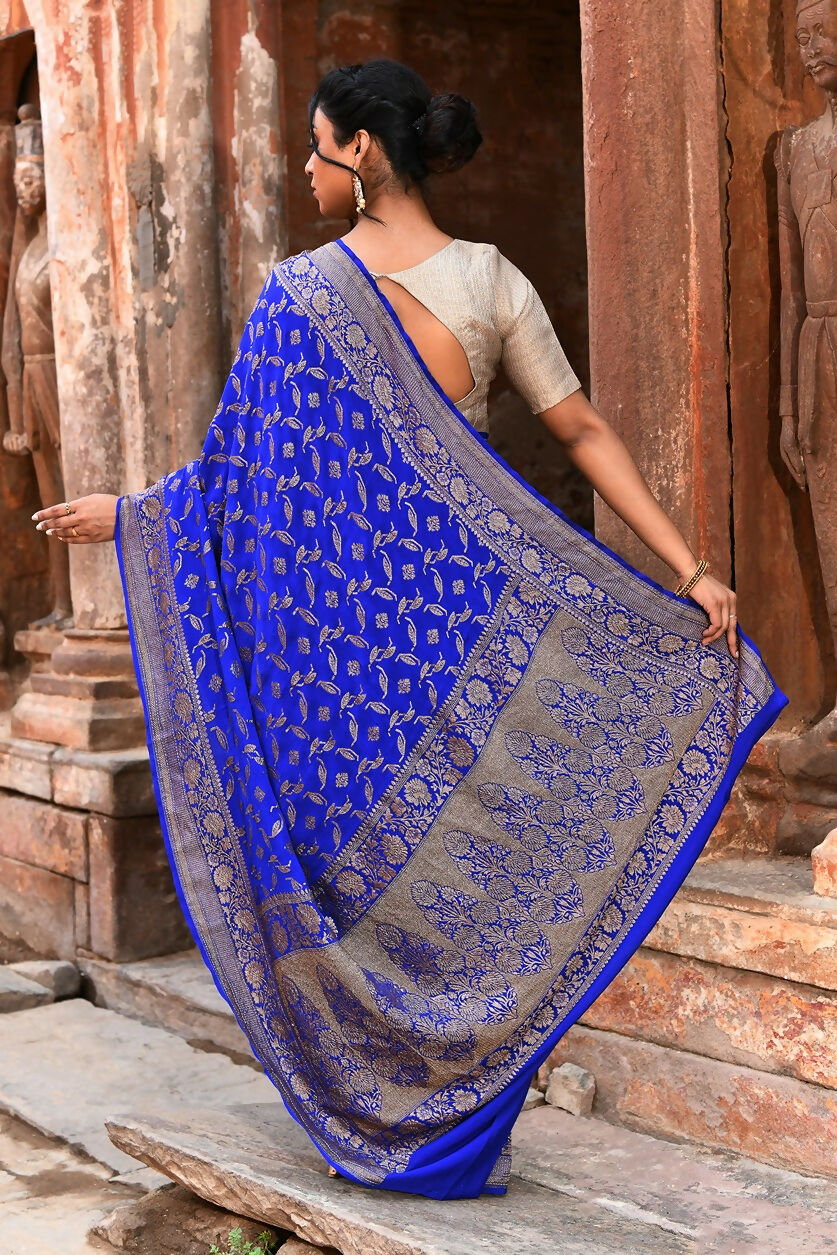 Violet Crepe Chiffon Handloom Banarasi Silk Saree with Gold Zari