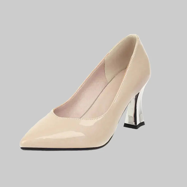 Women's Pointed Toe Patent Heels with Metallic Sculpted Heel