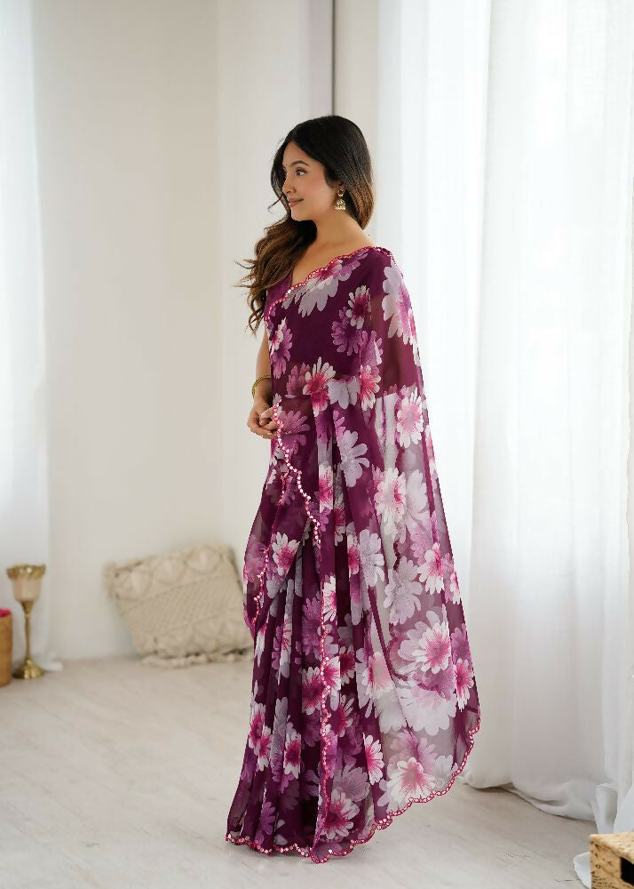 PR Fashion Purple Georgette Printed With Mirror Work Saree