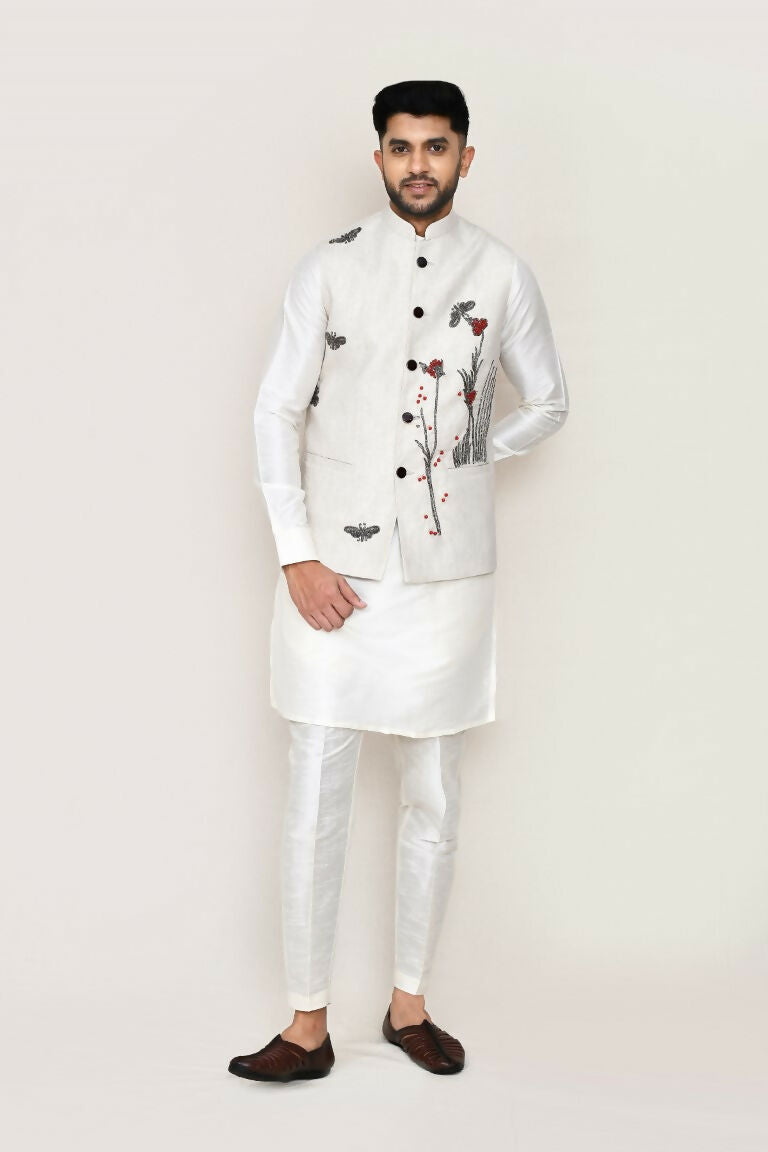White Art Silk Kurta Set with Matching Jacket and Straight Pants