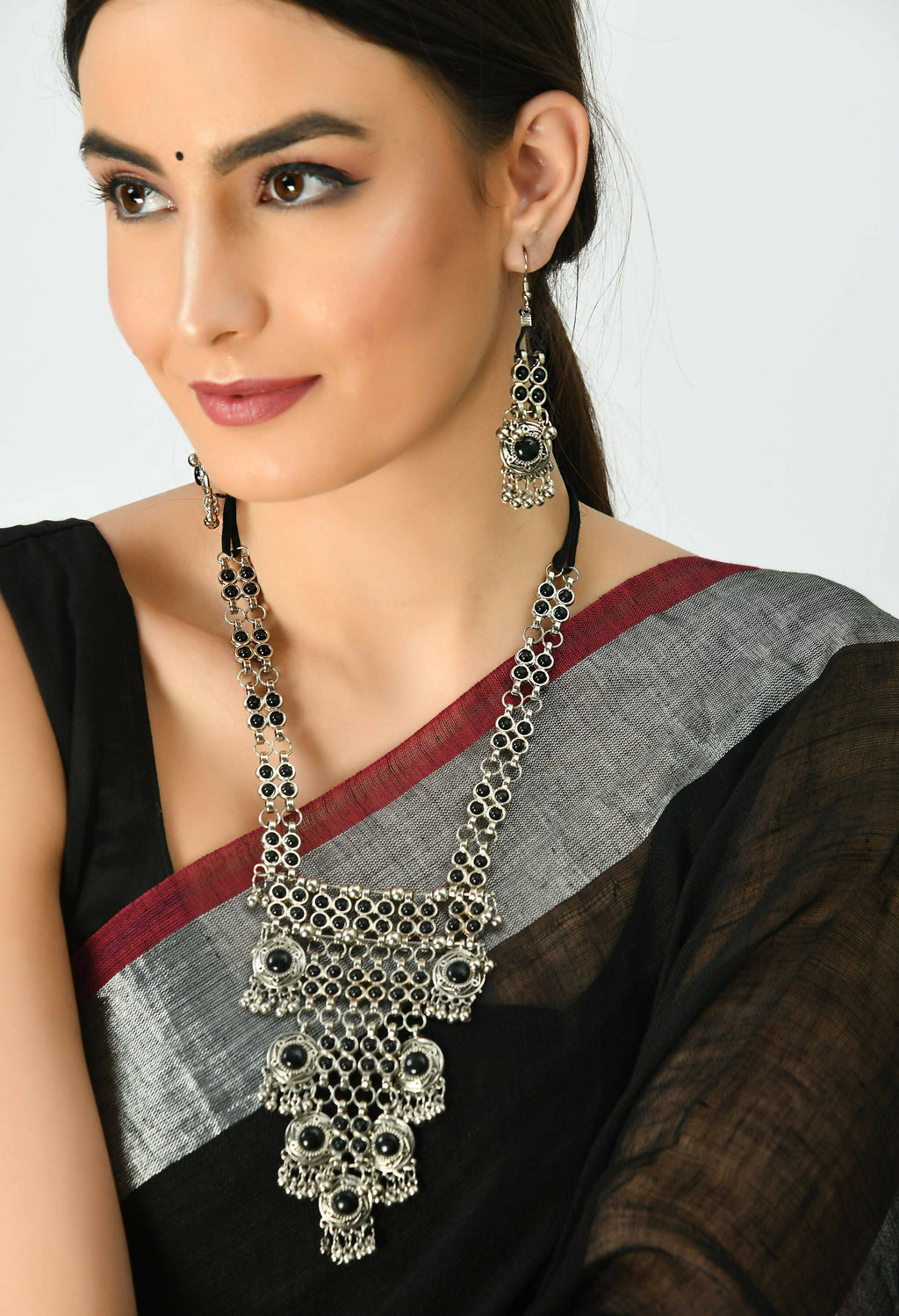 Black Kundan Afghani Long Necklace in Oxidised Silver Finish