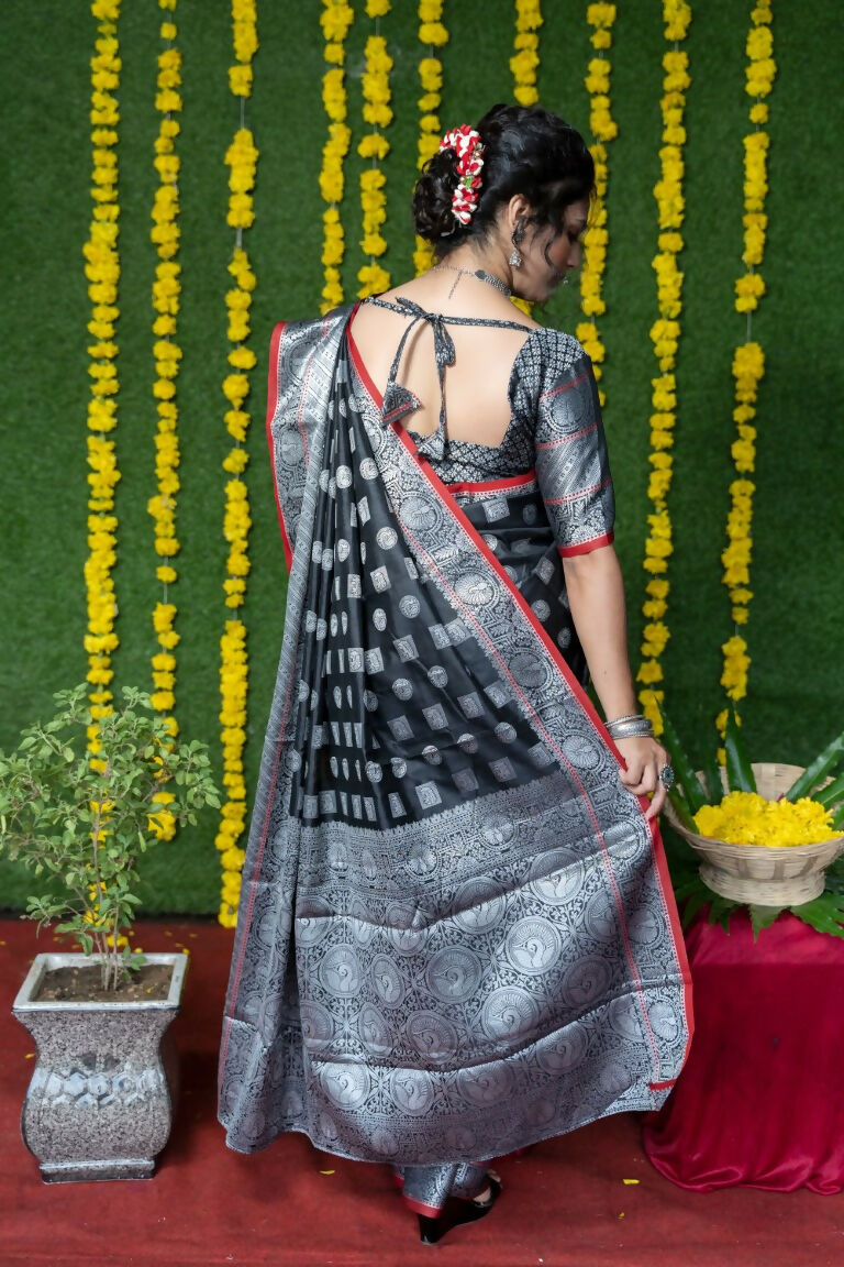Black Soft Handloom Silk Saree with Zari Woven Details & Blouse