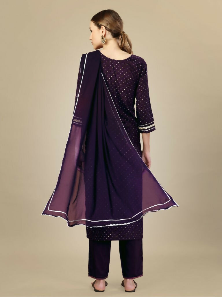 Women's Purple Silk Blend Embroidered Straight Kurta Set