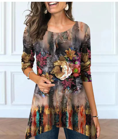 Women's Round Neck Floral Print Tunic Top with Asymmetrical Hem - Image 23