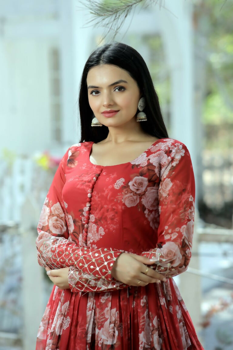 Red Sequence Zari Embroidered Anarkali Dress in Faux Georgette