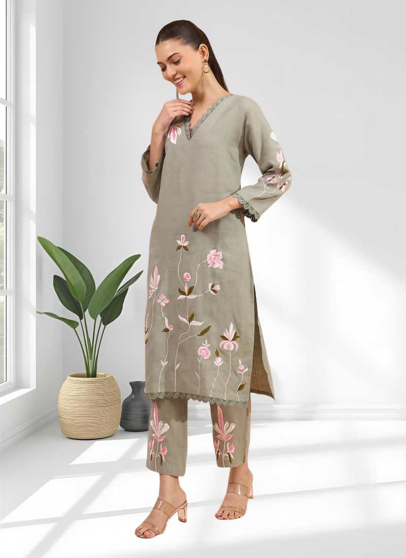 Pista Green Embroidered Linen Long Kurta with Matching Pants Set