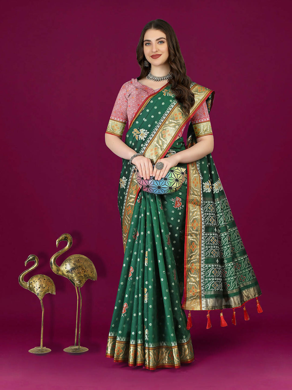 Green Patola Silk Saree with Zari Meenakari Woven Design