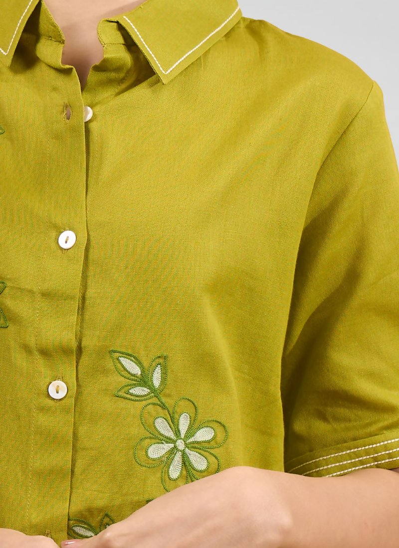 Green Cotton Linen Embroidered Cord Set for Festive Casual Wear